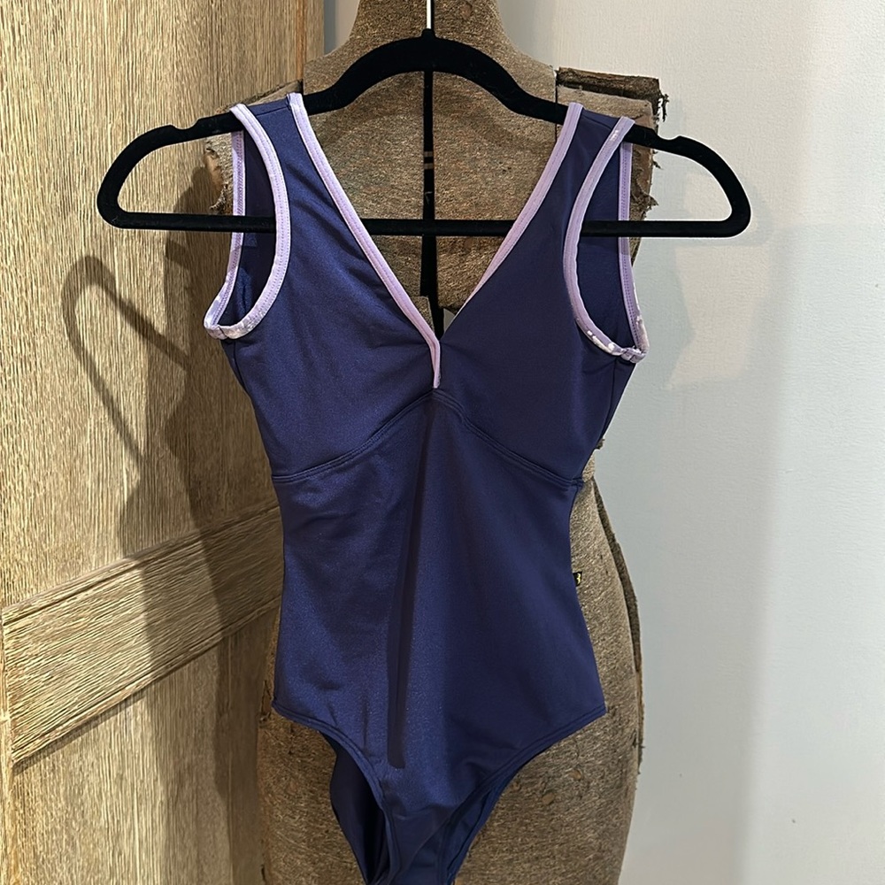 Mariia V-neck tank leotard in size in size XS, Navy Blue and lavender trim